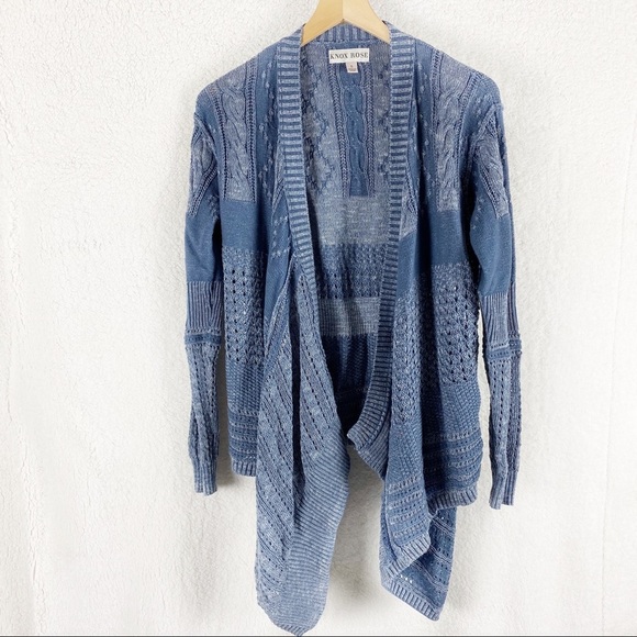 KNOX ROSE Open Weave Blue Draped Waterfall Front Cardigan Hi-low Small - Picture 3 of 8